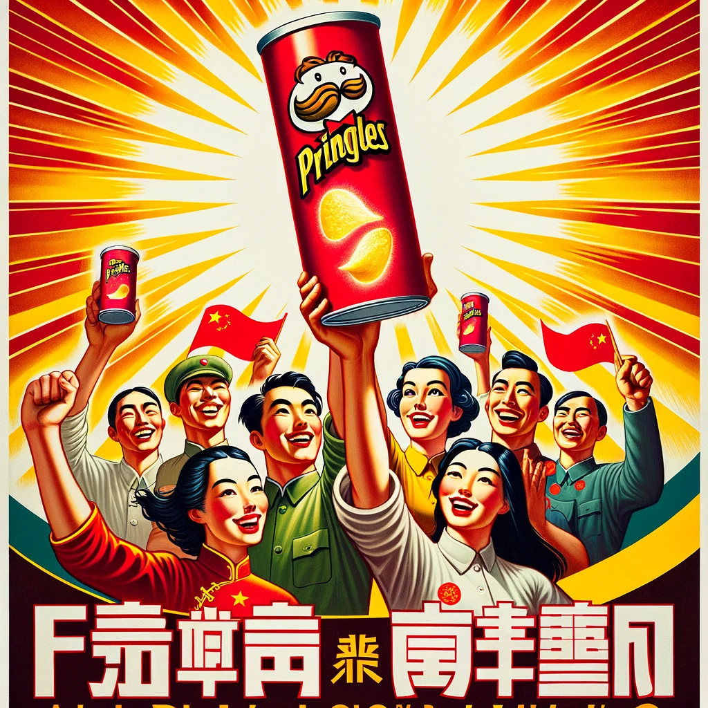 Imagine a vibrant and dynamic Chinese propaganda poster, reminiscent of the mid-20th century style, that promotes a very unique and modern message: “All people should eat Pringles.” The poster features a diverse group of smiling people from various backgrounds, each holding a can of Pringles triumphantly in the air. In the background, a glorious sunburst radiates behind a giant Pringles can, symbolizing prosperity and unity. Bold, stylized text at the bottom of the poster, written in both Chinese and English, declares, “All people should eat Pringles” in an inviting and persuasive manner. The colors are bright and engaging, with reds and yellows dominating the palette to evoke a sense of enthusiasm and joy.
