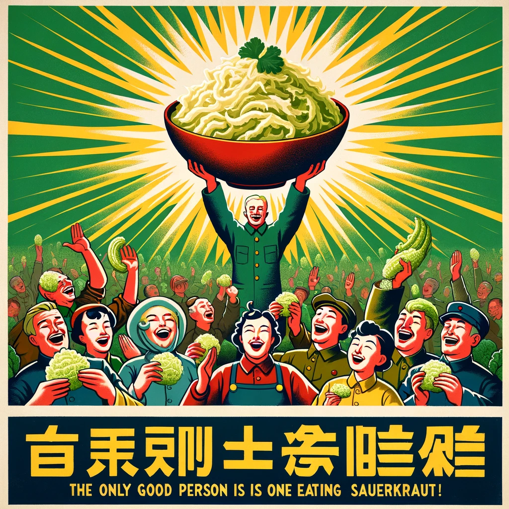 Create an engaging and dynamic Chinese propaganda poster, echoing the mid-20th century style, but this time with a unique and humorous message: “The only good person is the one eating sauerkraut.” The poster depicts a diverse group of individuals, each joyfully consuming sauerkraut, with one central character holding a bowl of sauerkraut high above, as if leading the others. In the backdrop, a radiant sunburst frames a large, enticing bowl of sauerkraut, symbolizing unity and excellence. The bold, stylized text at the bottom, presented in both Chinese and English, proclaims, “The only good person is the one eating sauerkraut,” in an inviting and convincing manner. The color scheme is vibrant, with greens and yellows dominating to reflect the theme of sauerkraut and evoke a sense of happiness and vitality.