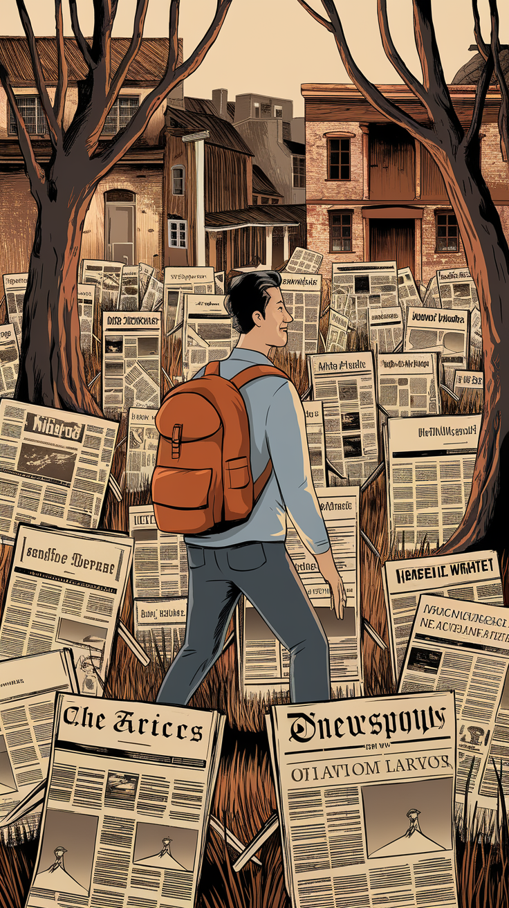 Prompt: An illustrated medium shot of a man with a backpack starting an adventure into a land of wild newspaper articles. The man is standing in a forest of newspaper stands. The background has an old-fashioned town with buildings made of bricks. The overall image has a warm hue.